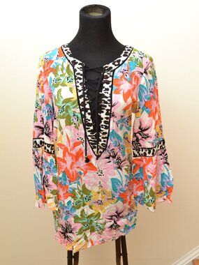 Nanette Lepore Swim Tunic Cover-Up Size S Lace-Up Floral Leopard Bell Sleeves